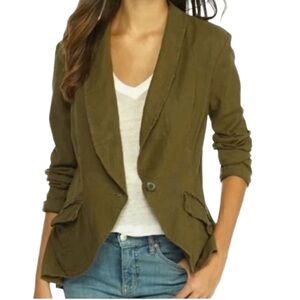 Free People Women’s LINEN Blend Blazer Utility Dark Olive Green Sz S/P EUC